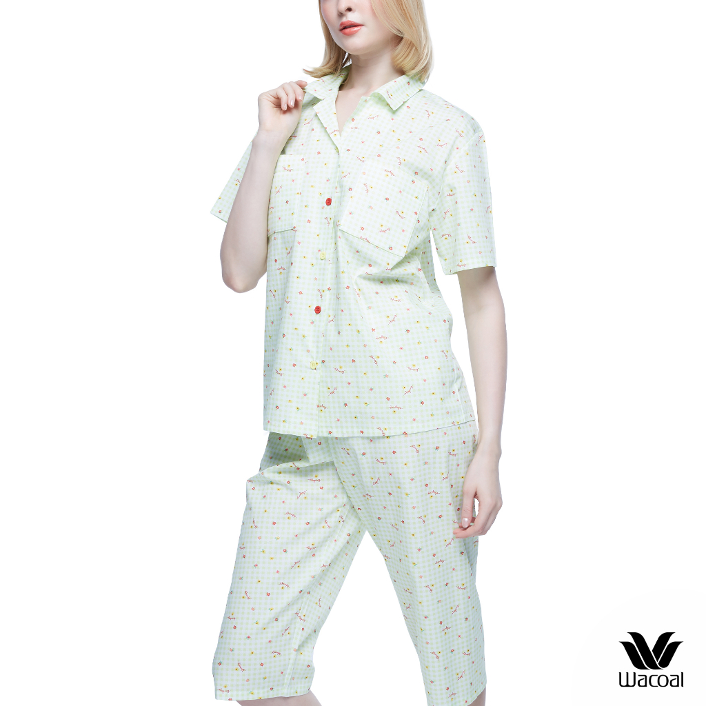 Wacoal Sleepwear ชุดนอนกันโป๊วาโก้ เสื้อคอฮาวาย แขนสั้น/กางเกงขาสามส่วน รุ่น WN9E02 สีเขียว (GR)