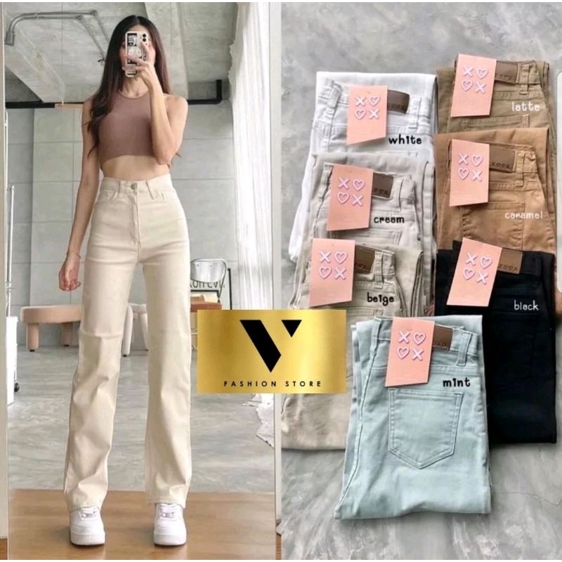 V-JEANS04 กางเกงยีนส์เอวสูง ยีนส์ กางเกงยีนส์ทรงกระบอก