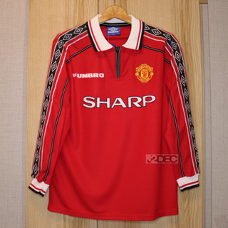 Retro เสื้อฟุตบอลย้อนยุค แมนยู แขนยาว ปี 1998/1999 Home อัดชื่อนักเตะ Beckham, Paul Schole, Eric Cantona, Roy Keane