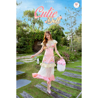 Cutie doll dress เดรสพิมพ์ลายสุดน่ารักหวาน ละมุน ได้เดรส + เสื้อคลุม crape สามารถถอดได้ โทนสีชมพูพีชครีม น่ารักมาก