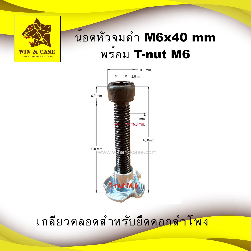 น๊อตหัวจมดำ ขนาด 6x40 mm.+ทีนัทขนาดM6+แหวนเหล็กสปริง หัวหกเหลี่ยมเกลียวตลอด น๊อตตู้ลำโพง  น๊อตหัวจม
