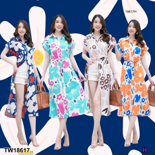 TwinsShopVip💗พร้อมส่ง TW18617 เดรสแขนเบิ้ล ติดกระดุมหน้า ลายดอกไม้..