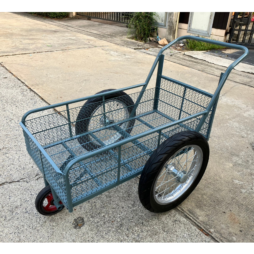 สวยมาก! สีเทาเข้มเรดฟ็อกซ์เบอร์22 (รุ่นตะแกรง2ชั้น+ล้อมือสอง14นิ้ว)รถเข็น3ล้อมือหนึ่ง โครงเหล็กสีเทา