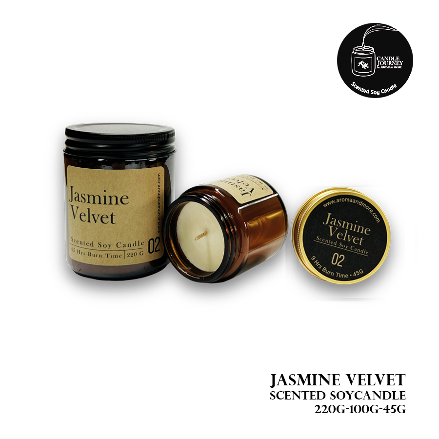 02-Jasmine Velvet-Scented Soy Candle จัสมิน เววเวท เทียนหอม กลิ่นมะลิ The scents of Thai Jasmine Size 45g/100g/220g