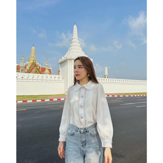เสื้อเชิ้ตคอบัวระบายชั้นๆกระดุมหัวใจ