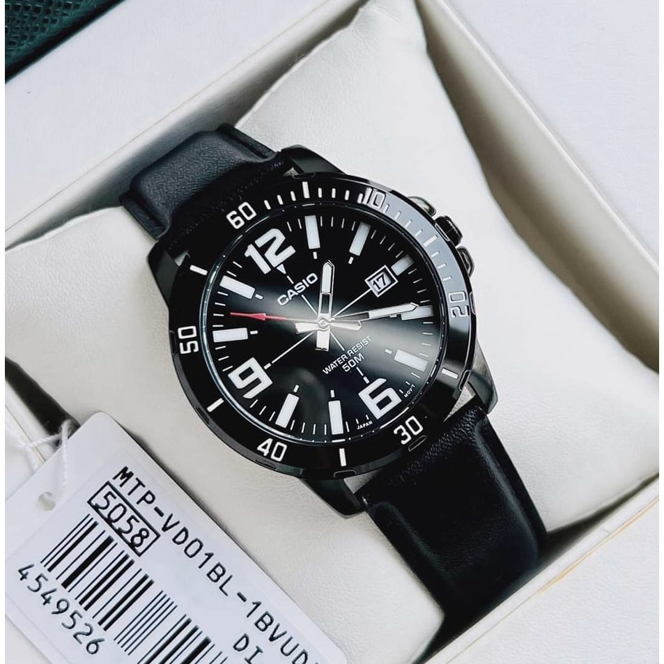นาฬิกา Casio แท้ 100% รุ่น MTP-VD01BL-1B นาฬิกาผู้ชายสายหนัง สีดำ ของแท้ 100% รับประกันสินค้า 1 ปีเต็ม