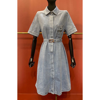 FENDI DENIM DRESS เดรสยาว เดรสยีนส์ คอตตอน สีบลู ผ้านิ่ม สวย เดรสเชิ้ต แขนสั้น + เข็มขัด เฟนดิ ฟินดิ