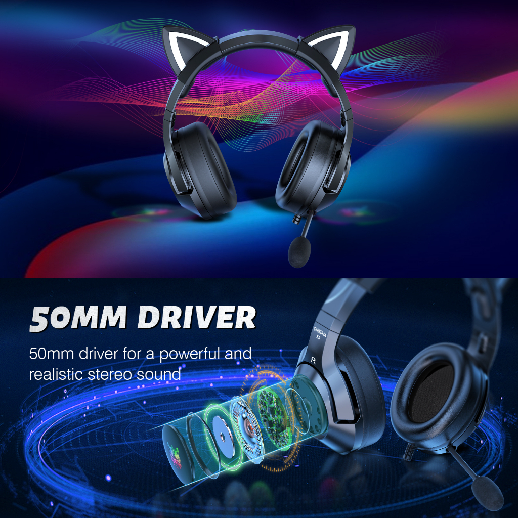 ชุดหูฟังเกมมิ่ง ONIKUMA K9 หูแมว RGB Light Effect ชุดหูฟังและที่ใส่หูฟัง