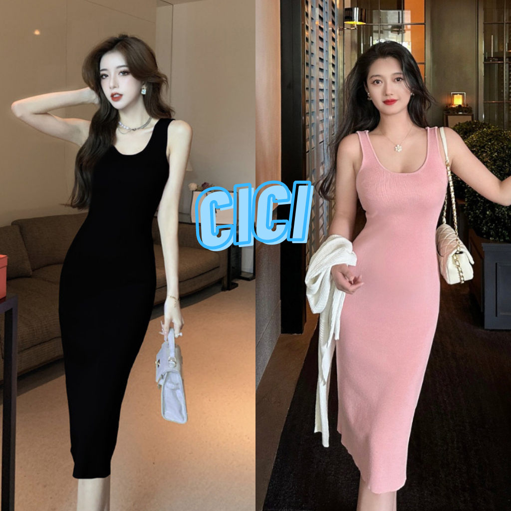 ส่งทันที Cici(NO. L116)เดรสยาวไหมพรม เข้ารูป เรียบง่าย เนื้อผ้ายืดได้เยอะ