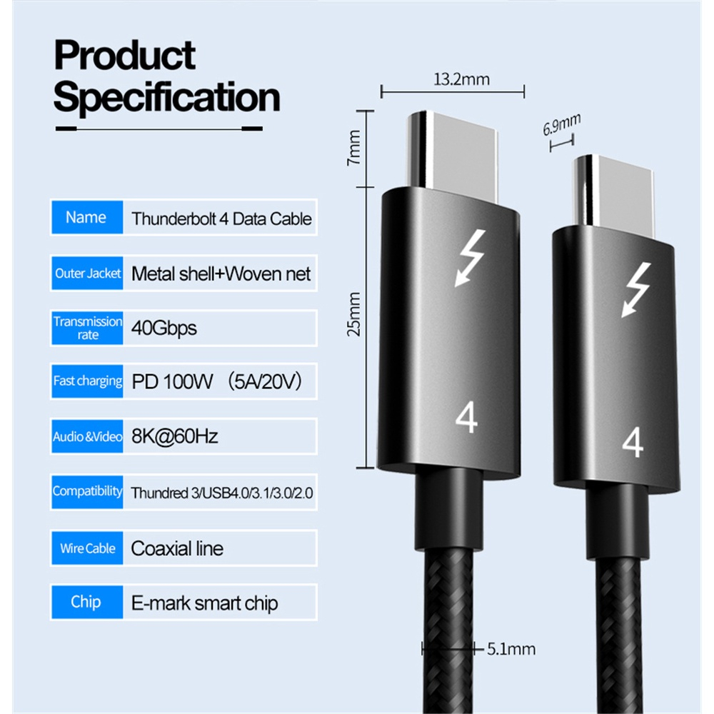 สาย Thunderbolt 4 8K 60Hz 40Gbps PD 100W ได้รับการรับรอง Thunderbolt 3 สาย USB 4.0 สาย Thunderbolt 4 Pro