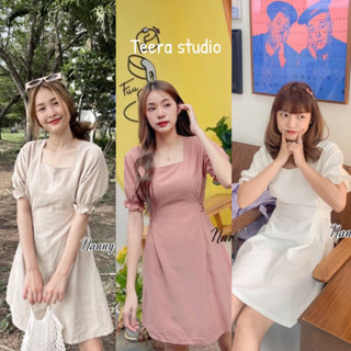 Teera❤️พร้อมส่ง✨Milk Tea Dress♡เดรสคอเหลี่ยมแขนตุ๊กตา ป้ายNanny ผ้าลินินแท้ โบว์ผูกเอวด้านหลัง งานสวยน่ารัก