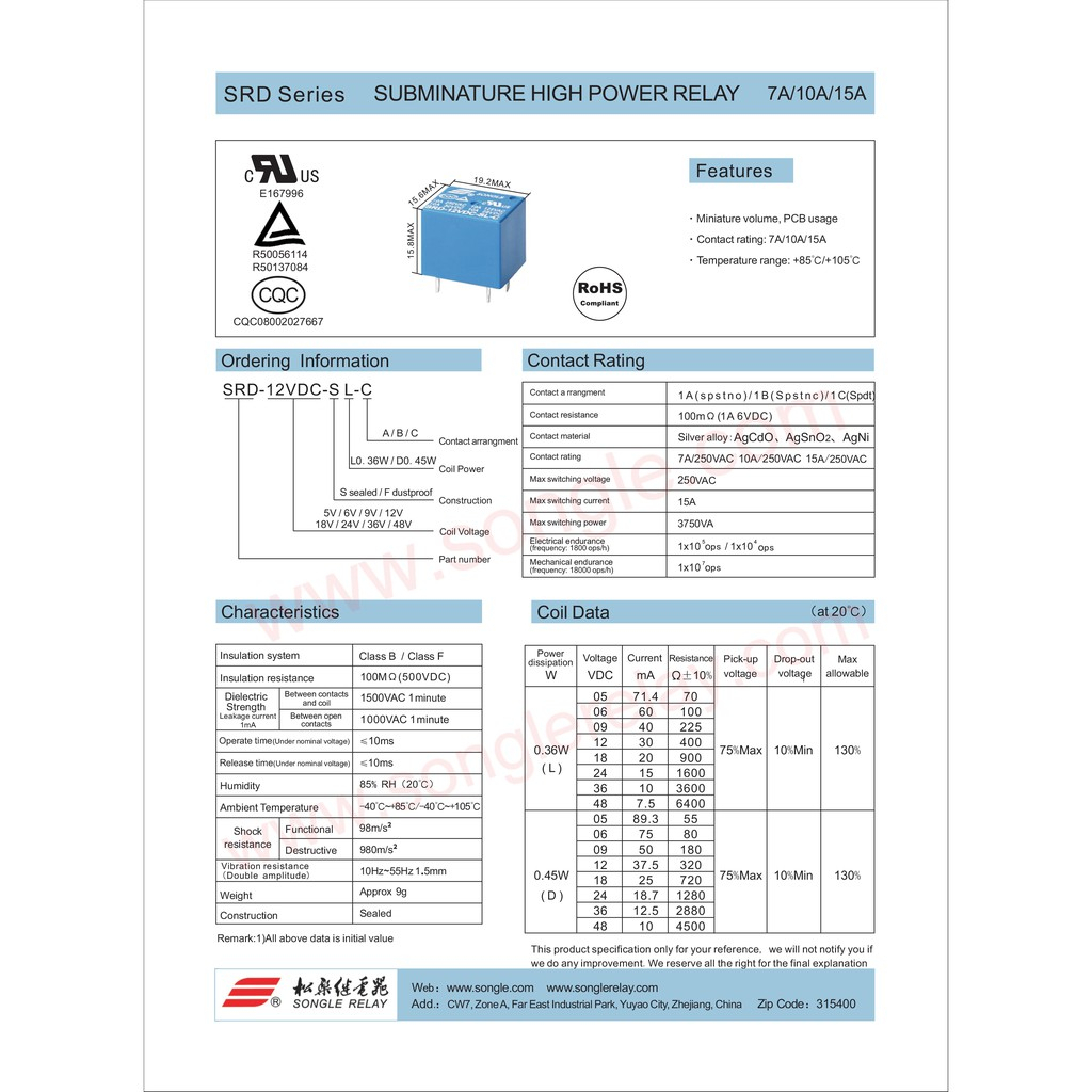 รีเลย์ Relay 5V 6V 9V 12V 24V 48V SRD-12VDC-SL-C SONGLE รีเลย์ 5ขา - รูปที่ 2