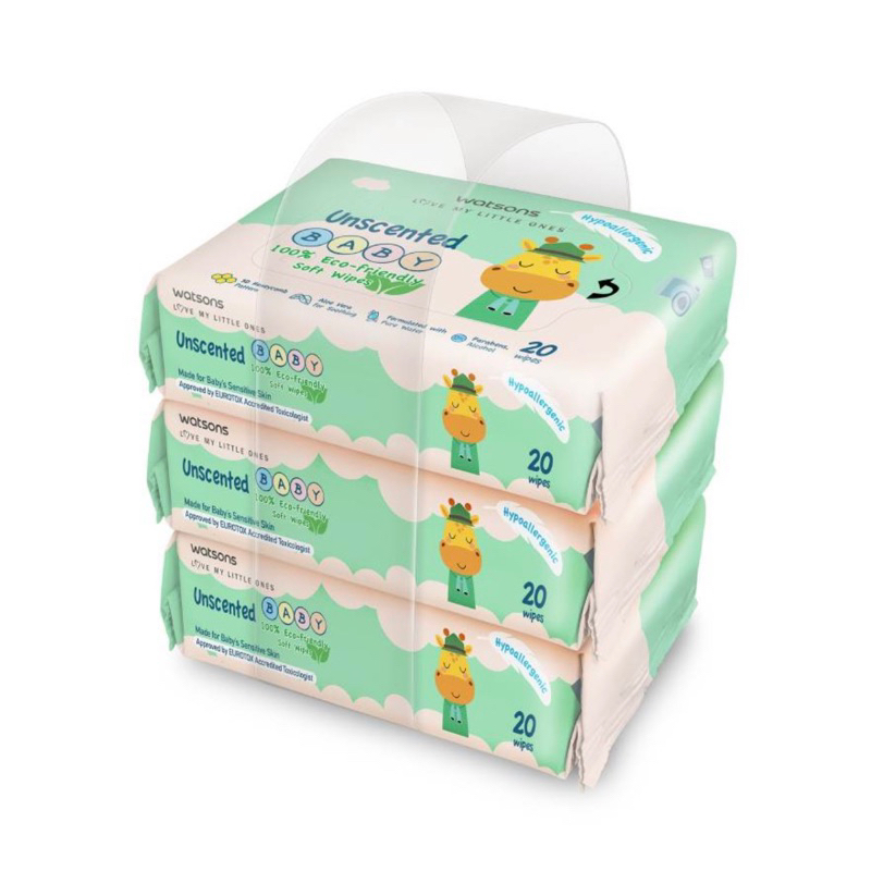 Watsons วัตสัน อันเซ้นต์เท็ด เบบี้ 100 อีโค่-เฟรนด์ลี่ ซอฟท์ ไวพ์ 20แผ่น x 3แพ็ค.