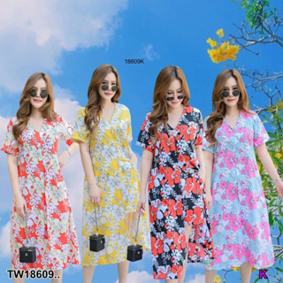 B18609 Set #สาวอวบ 2 ชิ้น เสื้อคอวีแขนสั้น ตัวยาว + กางเกงขาสั้น ลายดอกไม้ Set #Chubby girl 2 pieces. V-neck shirt, sho