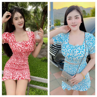 🌸cha-née shop🌸 Setเสื้อครอปแขนตุ๊กตาผ้าลายผีเสื้อสีสันสดใสน่ารัก  แมทช์กับกระโปรงสม็อคเข้ารูปยืดตามตัว