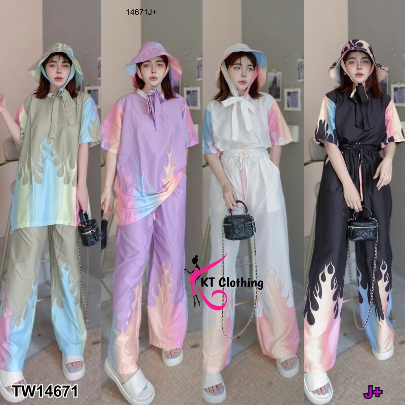 TT14671 Set 3 ชิ้น เสื้อแขนสั้นกุ้นคอ+กางเกงขายาว+หมวก ลายไฟรุ้ง Set 3 pieces: short-sleeved shirt with hem neckline +