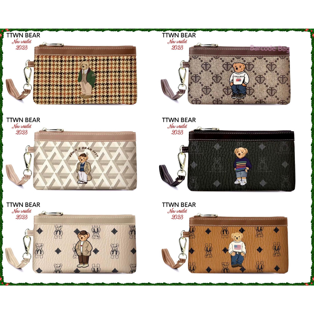 TTWN BEAR กระเป๋าสตางค์หมีคล้องมือ หนังPUผ้าทอ ใส่มือถือได้ ขนาด8นิ้ว รุ่นขายดี