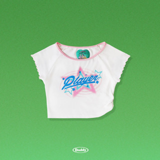 DADDY | Player Crop Top เสื้อยืดครอปท็อปรูดข้าง สกรีนดาว player สีขาว