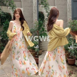 set 2 pcs เดรสสายเดี่ยวผ้าอัดพลีทปริ้นลายดอก +มาพร้อมเสื้อเชิ้ต