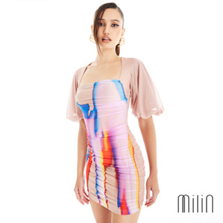 [MILIN] Stout Dress Ruched puff sleeves body conscious mini dress เดรสสั้นแต่งรูดแขนพองทรงพอดีตัว