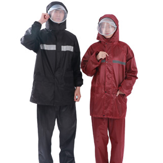 สีกรมท่า มีแถบสะท้อนแสง รุ่น หมวกติดเสื้อ Waterproof Rain Suittเสื้อกันฝนมอเตอร์ไซค์ Split raincoat