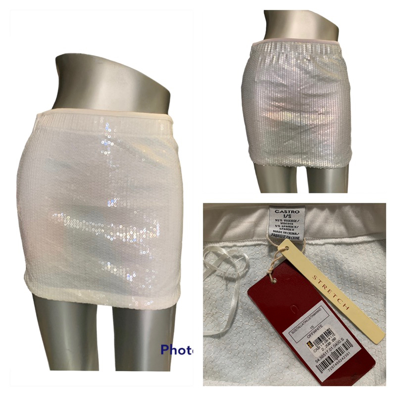 Castro(แคสโตร) KT1 กระโปรงสั้น ปักเลื่อมทั้งตัว สีขาว/สีเทา