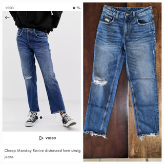 J1 กางเกงยีนส์ ยีนส์ขายาว Cheap Monday Revive distressed hem straight cut jeans สีน้ำเงิน 25/32 * มือสอง ของแท้