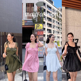 MAYFASHION เดรสสั้นทรงรูดอก สายผูกไหล่โบว์ยาว ด้านหลังผูกโบว์เว้าหลัง เอวยางยืดหลัง