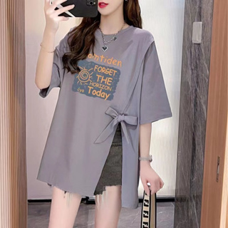 Large Womens Summer Korean Split Short Sleeve T-shirt Loose Fit