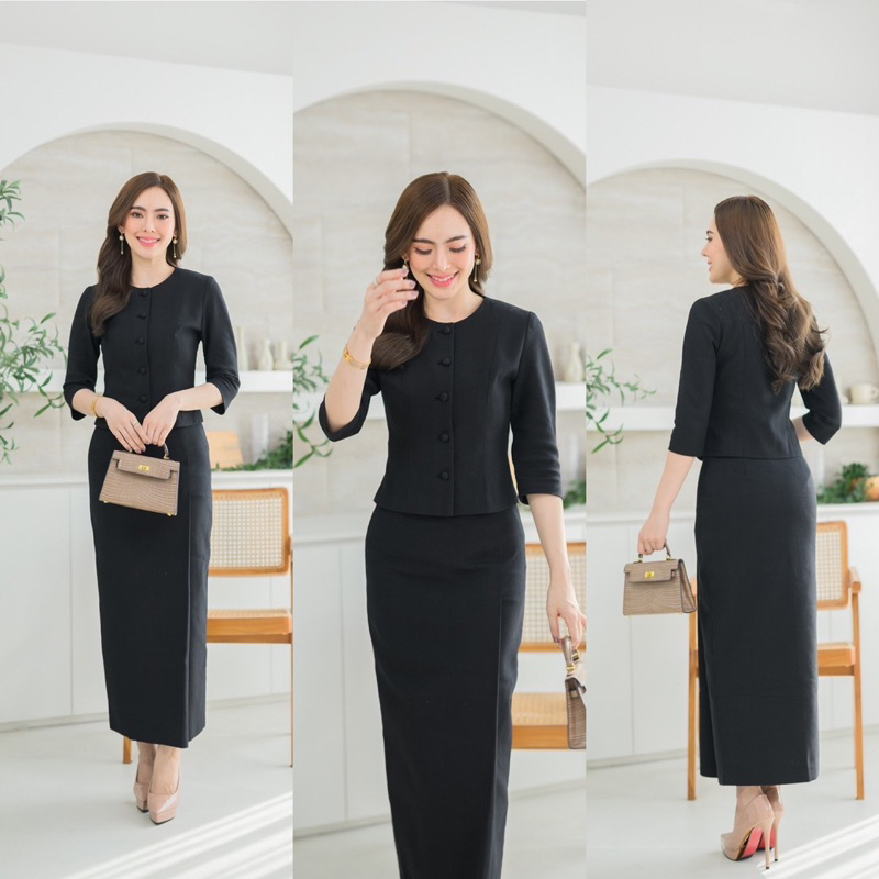 สีดำ เสื้อผ้าฝ้าย + ผ้าถุงอัดกาว ซิปข้าง ป้ายหน้า