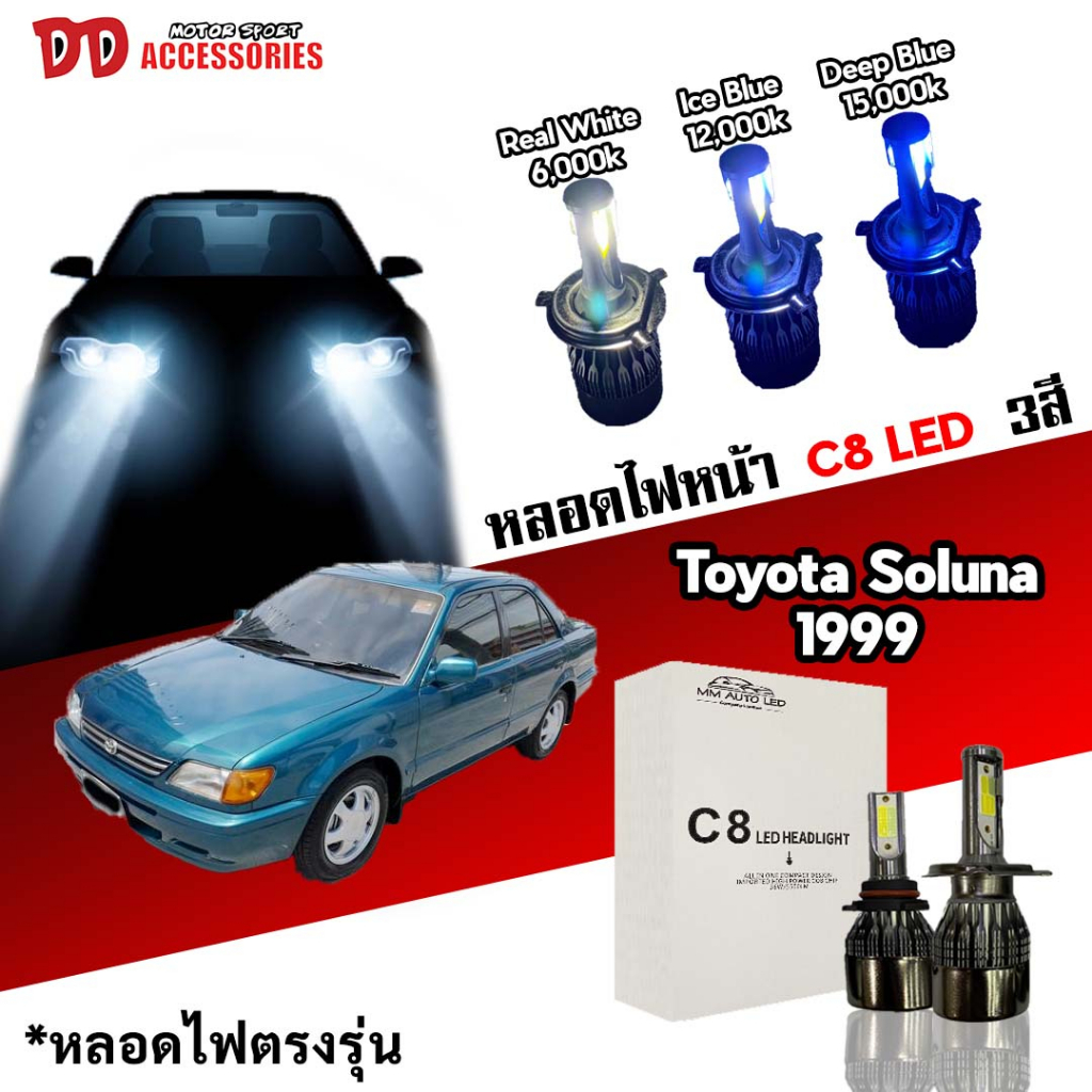 หลอดไฟหน้า C8 LED ไฟ 3 สี ขั้วตรงรุ่นToyota Soluna 1999 ตัว 2 H4 มีพัดลมในตัว ราคาต่อ 1 คู่