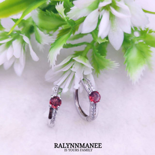 H6433 ต่างหูพลอยโกเมนแท้ ( Garnet ) แบบห่วง ตัวเรือนเงินแท้ 925 ชุบทองคำขาว