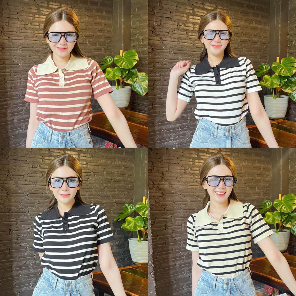 Beiiew เสื้อตามกระแสแฟชั่น ทรงคอโปโลแขนสั้น แต่งทอลายคาดเส้น เนื้อผ้านุ่ม ไม่หนา ผ้ายืดตามตัว สาวอวบใส่ได้