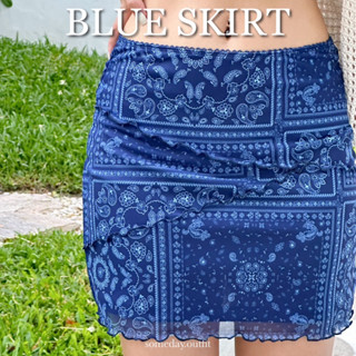 SOMEDAY : BLUE MINI SKIRT | กระโปรงสั้นผ้ายืด ลายpasley