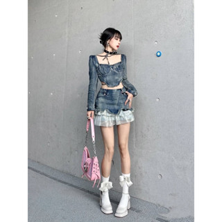 ชุดเซ้ตสองชิ้นยีนส์ เสื้อ+กระโปรง Y2K