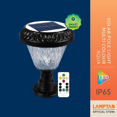 LAMPTAN โคมไฟหัวเสาพลังงานแสงอาทิตย์ Solar Pole Light Multi-Colour AQUA 2W 3แสงในโคมเดียว ควบคุมแสงด