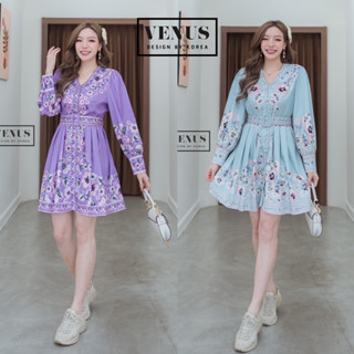 🌈🌿🌼🌸🌺💙🇰🇷 Floral V Long Sleeve Dress Belt