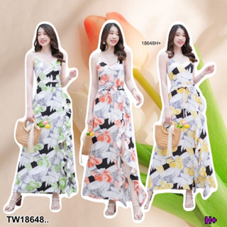 🥰🏝️เดรสเที่ยวทะเล Maxi dress สายเดี่ยวลายดอกสายไขว้ด้านหลัง ผ่าแหวกระบายด้านหน้า