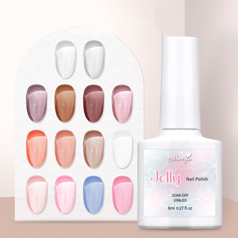 Monja สีทาเล็บเจลลี่ UV สีเจลลี่ชมพูนู้ดใส มี13เฉดสีเงาสวย ขนาด8ml. พร้อมส่งในไทย