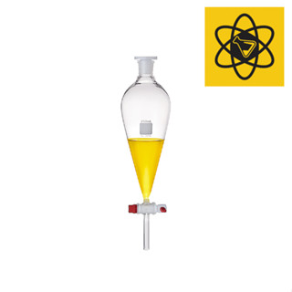 กรวยแยกสาร ผลิตจาก Borosilicate Glass ก๊อกทำจากพลาสติก PTFE และจุกปิดทำจากพลาสติก PP