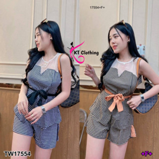 CS17554 Set 2 ชิ้น เสื้ออกหยักลายชิโนริ มีเชือกผูก + กางเกงขาสั้นลายชิโนริ Set of 2 pieces: chinori pattern wavy shirt w