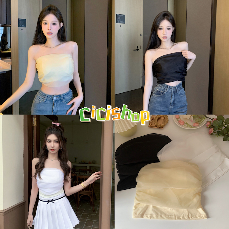 SALE 8.8 Cicishop(J597)เกาะอกสีพื้น แต่งผ้าชีฟองด้านนอก ใส่สบายมาก