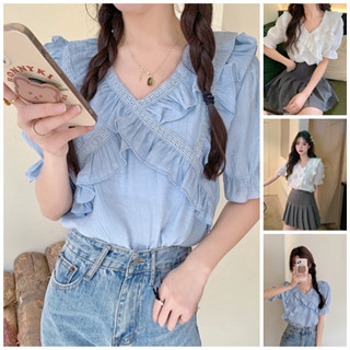 พร้อมส่ง : เสื้อเชิ้ตแขนตุ๊กตาตกแต่งระบาย[G7]