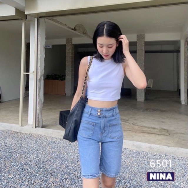 𝑵𝒊𝒏𝒂.𝒋𝒆𝒂𝒏𝒔 #6501 กางเกงยีนส์ขาสามส่วนผ้ายืดหยุ่นงานดี แต่งขอบยื่นกระดุมทองเอวสูงปรี๊ด เก็บทรงเก็บสะโพกสวย