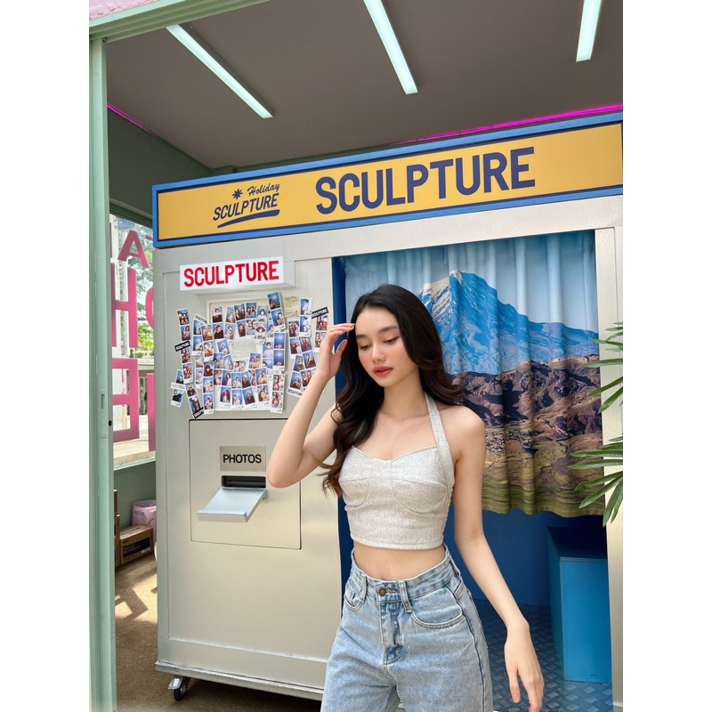 Crop ผูกคอผ้าชาแนลซับใน