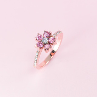 แหวนดอกซากุระ Cherry Blossom ring แหวนพลอยแซฟไฟร์แท้ ตัวเรือนเงินประดับก้านด้วยเพทายขาว รับประกันพลอยแท้