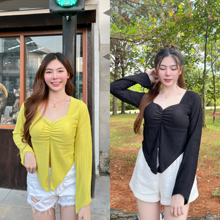 🌈 by GOODLUCK🌈  เสื้อแขนยาว ชายแหลม ผ้าเปลือกไม้ มีฟองน้ำเสริม ใส่ไปทะเลชิวมากๆๆ ผ้ามีลายๆในตัว รุ่น เบอร์มิวดา