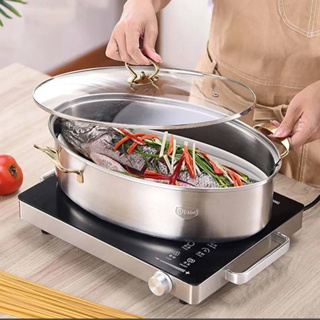 หม้อนึ่งปลา ทรงวงรี Thick 304 Stainless Steel หม้อนึ่งสแตนเลสทรงรีพร้อมจานนึ่งปลา, ฝาปิด