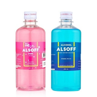 แอลกอฮอล์ alsoff Alcohol แอลกอฮอล์น้ำ 450 ml Ethyl Alcohol Alsoff-S สีฟ้า สีชมพู Pink 1 ขวด