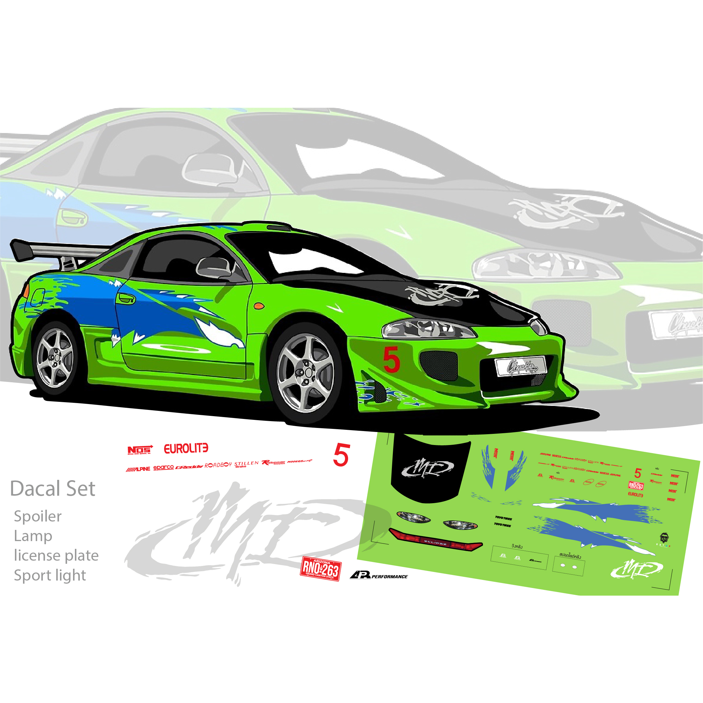 ดีคอล น้ำ Mitsubishi Eclipse Replica  Fast and Furious Pual walker Brain's หมึกรองขาว Hot Wheels 1:6